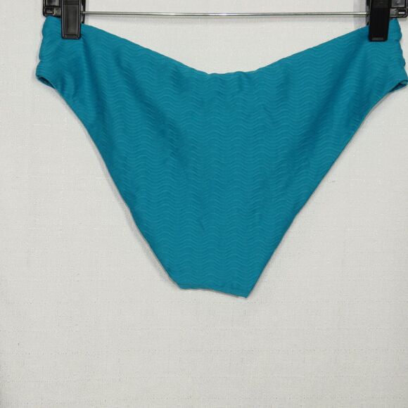 Becca Vibes Blue Textured Peek-A-Boo-Sides Hipster Bikini Swim Bottoms Size M - Picture 7 of 7